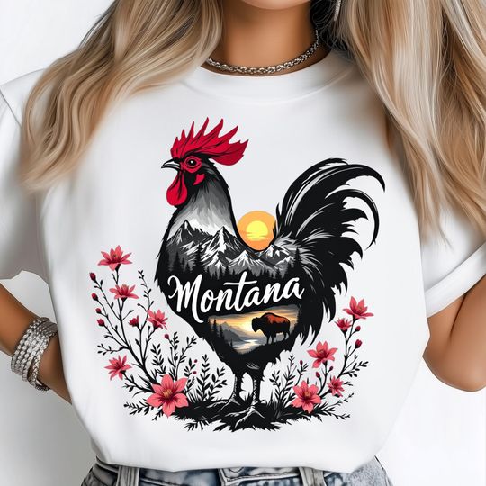 Montana Rooster T-Shirt, Buffalo Bison Silhouette Sunset, Rocky Mountain Snow Peak Horizon