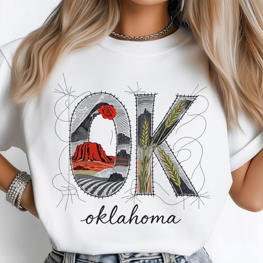 Discover Oklahoma Pride PNG, Fabric Effect Embroidery Look, Red Canyon Rock Formation Scene, Golden Wheat Rustic Farm Landscape Shirt