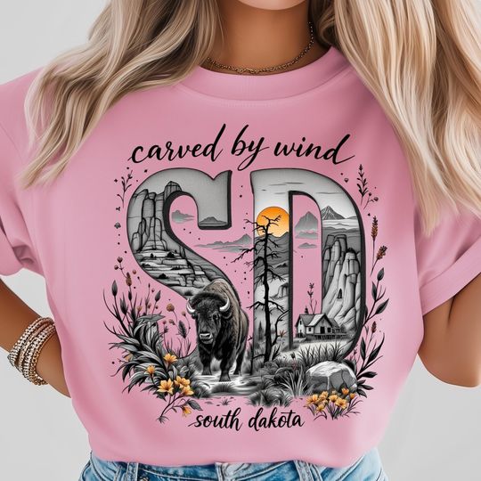 Discover South Dakota Nature PNG, Carved by Wind Design, Buffalo Wildlife and Scenic Plains, Black Hills Rustic Cabin Sunset Shirt Art