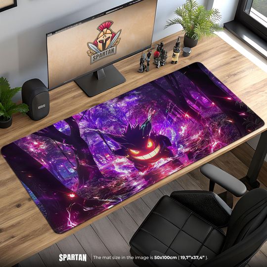 Gengar Haunted Forest, Ghost Spooky Purple Glow Gaming Desk Mat Halloween