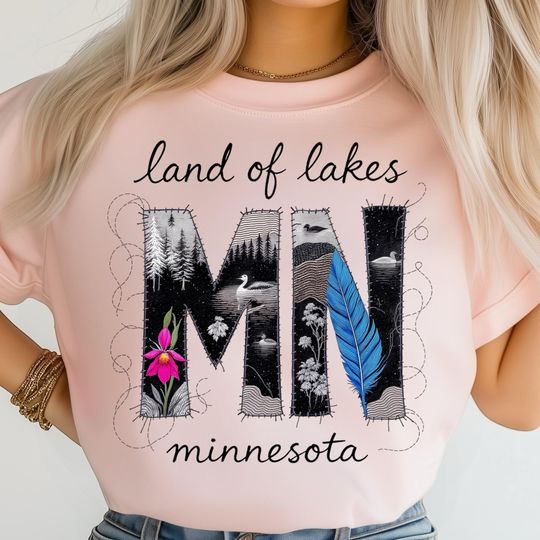 Discover Minnesota Fabric PNG, Scenic Lake and Forest Art, Hand Stitched Loon Bird with Feather, Nature Inspired State Pride Shirt Design