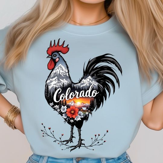 Discover Colorado Rooster PNG, Mountain Sunset Cabin Scene, Rustic Farmhouse Wildlife Art, Bold State Pride Nature Inspired Shirt Design