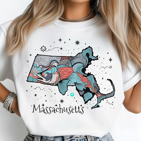 Discover Massachusetts Art PNG, Geometric Fish and Ocean Waves in Abstract Style, State Pride Illustration, Modern Coastal Living Shirt Design