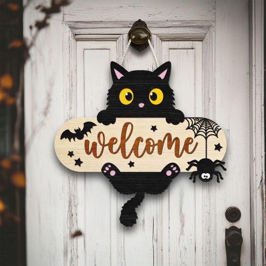 Black Cat Welcome Door Hanger  Cute Halloween Wooden Sign, Fall Porch Decor, Spider Bat Autumn Wall Art, Funny Gift for Cat Lovers
