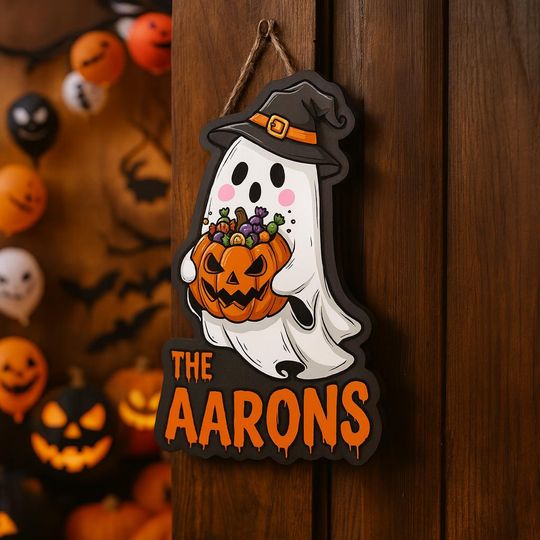 Personalized Halloween Wooden Hanging Sign Customized Family Name Ghost Front Door Hanger Pumpkin Porch Decor Custom Welcome Sign For Home