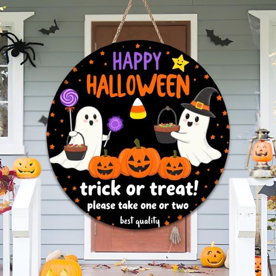 Discover Trick or Treat Front Door Sign, Halloween Door Decor, Wooden Plaque, Porch Wall Decor, Ghost Decor, Halloween Sign, Halloween Party Decor