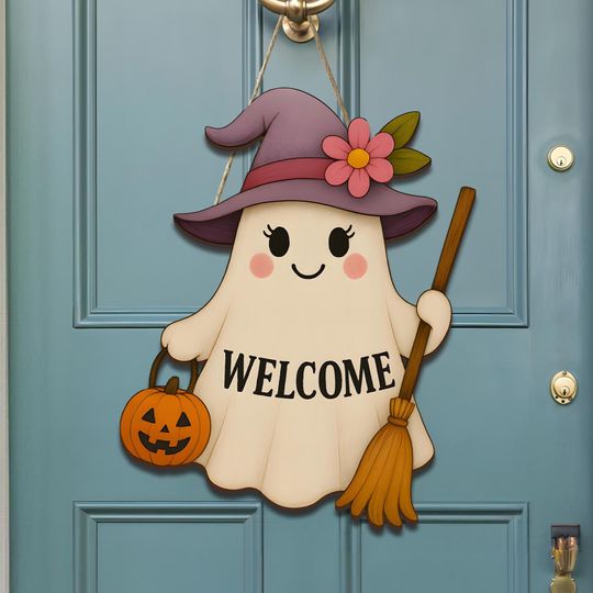 Discover Halloween Ghost Welcome Sign, Cute Witch Door Hanger, Wooden Fall Decor, Spooky Front Porch Sign, Autumn Holiday Decoration