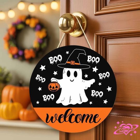 Discover Boo Halloween Door Hanger  Ghost Holding Jack-o-Lantern  Cute Spooky Wooden Sign for Hanging on Front Door  Fall Halloween Decor