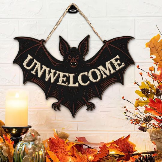 Discover Unwelcome Bat Door Sign, Funny Halloween Wall Decor, Gothic Wooden Bat Plaque, Spooky Front Door Sign, Halloween Room Decoration