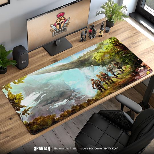 Discover Monster Hunter Party Desk Mat- Epic Forest Scene Desk Mat for Gaming and Desk Setup