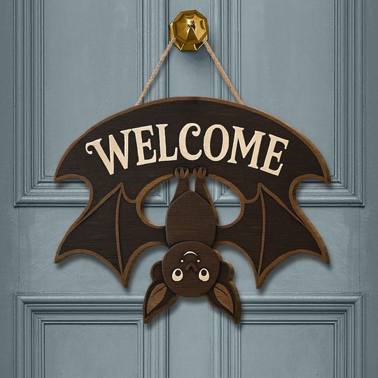 Discover Bat Welcome Sign: Rustic Wooden Halloween Door Hanger