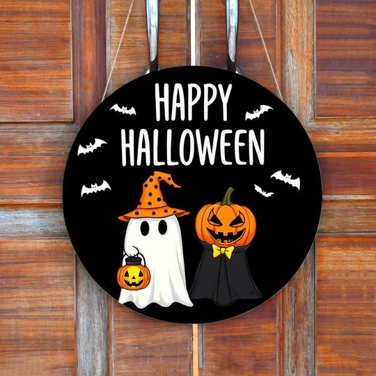 Happy Halloween Door Hanger, Spooky Halloween Door Sign, Wood Wall Hangings, Ghost Pumpkin Bat Front Door Decor, Porch Sign, Welcome Sign