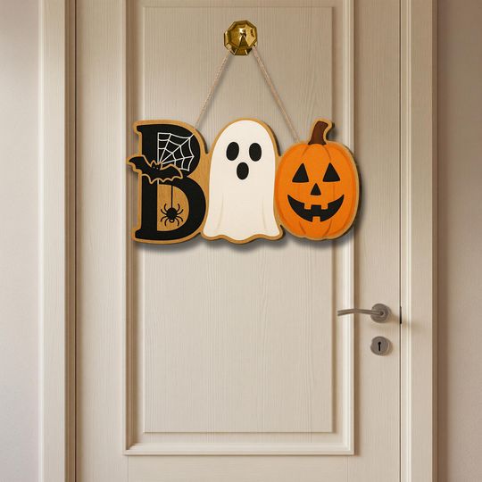 Discover Boo Halloween Wooden Sign: Ghost, Pumpkin & Bat Door Hanger