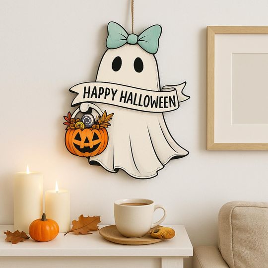 Ghost Door Sign: Spooky Wooden Hanging Sign with Bow