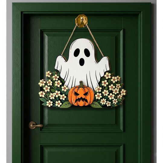 Discover Ghost in Flowers Wooden Door Hanger: Spooky Halloween Decor