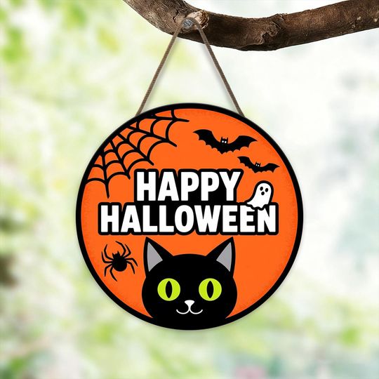 Halloween Door Hanger with Black Cat, Spooky Front Porch Sign, Bat Decor, Welcome Sign, Wooden Plaque, Halloween Gift, Fall Home Decor
