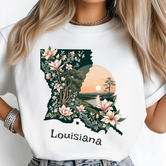Discover Louisiana PNG, Floral Sunset State Art, Magnolia River Poster, Nature Landscape Travel Print, Southern Pride Gift, USA State Shirt Design
