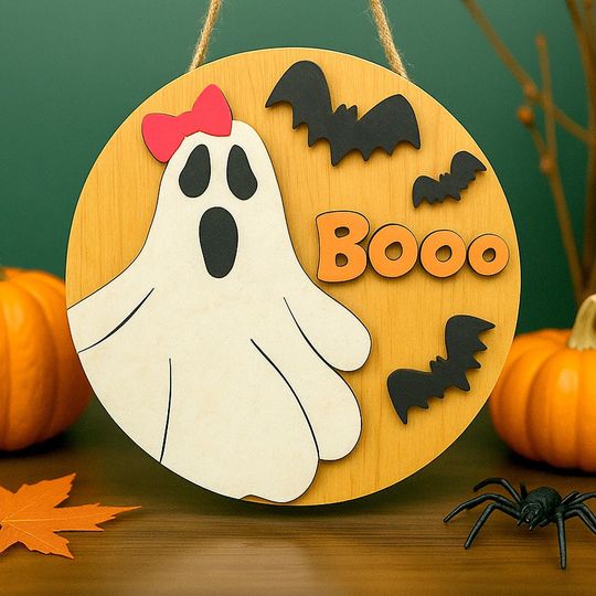 Discover Halloween Ghost Door Sign  3D Wooden BOO Wall Plaque, Spooky Rustic Door Hanger for Front Porch, Haunted House Party Accent,Fall Decoration