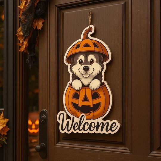 Discover Personalized Halloween Wooden Hanging Sign, Custom Dog Pumpkin Welcome Door Decor, Fall Porch Decoration, Gift for Friends Family Coworkers
