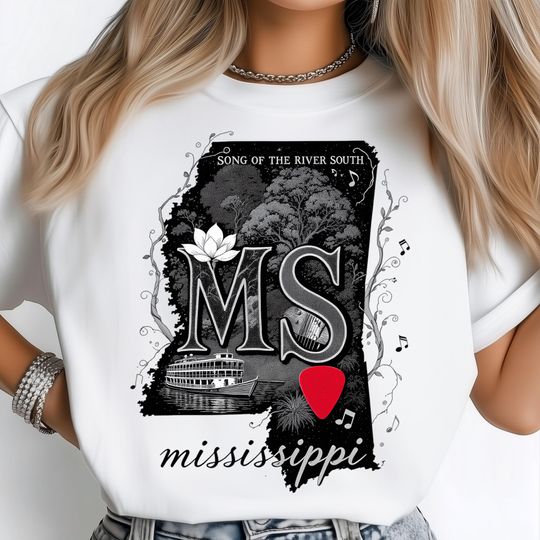 Discover Mississippi River PNG, Southern Music Culture with Guitar Pick and Steamboat, Magnolia Flower Design, State Pride Artwork Shirt Design
