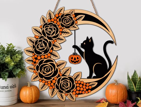 Halloween Black Cat Crescent Moon Sign  Wooden Cat and Pumpkin Door Hanger, Fall Floral Wall Decor, Cute Spooky Home Decoration