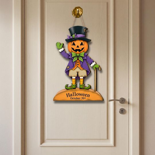 Halloween Pumpkin Man Door Hanger: Wooden Jack O Lantern Sign