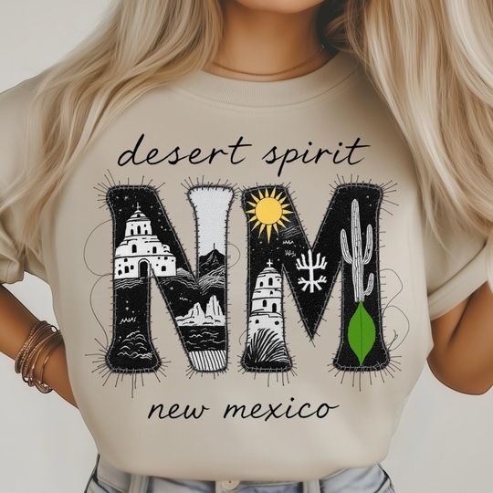 Discover New Mexico Spirit PNG, Bold Letter Fabric Texture with Sun and Cactus, Desert Night Handmade Artwork, Southwest Rustic Art, USA State Png