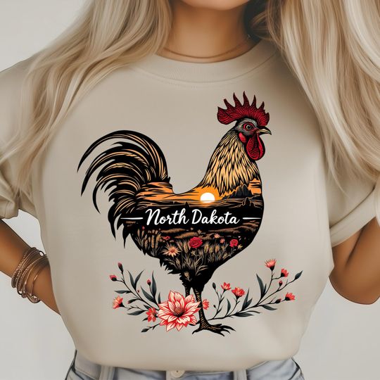 Discover North Dakota Rooster PNG, Farm Sunrise with Wildflowers, Sunset Horizon Folk Artwork, Country Life Design, Rural State Pride Shirt Design