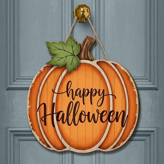 Pumpkin Happy Halloween Door Sign: Rustic Wooden Porch Hanging Decoration