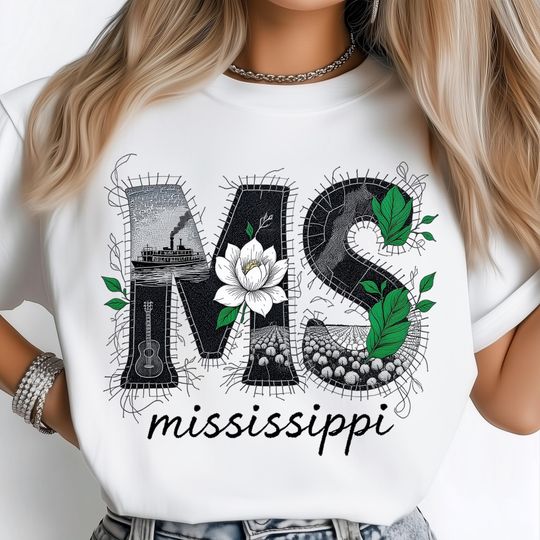 Discover Mississippi River PNG, Magnolia State Fabric Patchwork, Cotton Heritage with Guitar Folk Art, Southern Roots Artwork, USA Shirt Design