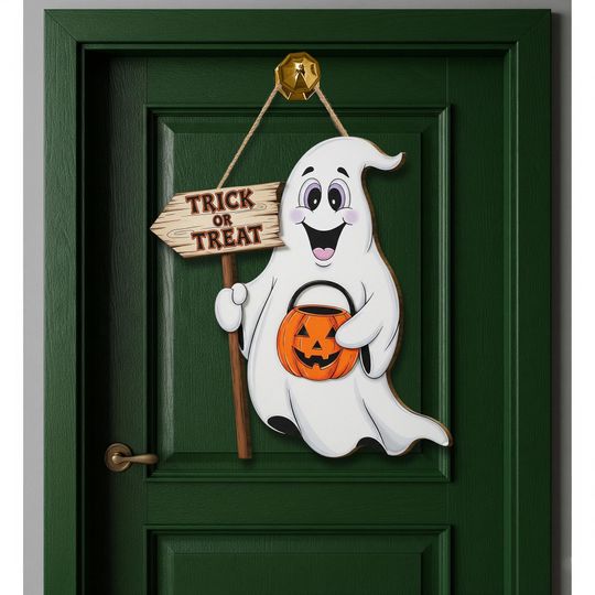 Ghost Door Hanger: Halloween Trick or Treat Wood Sign