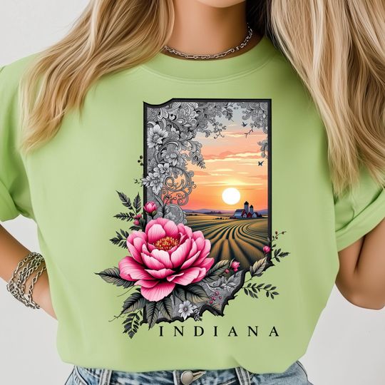 Discover Indiana Sunrise PNG, Country Barn with Field Rows, Vintage Floral Frame and Peony Bloom, Golden Horizon Artwork, USA State Shirt Design