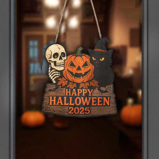 Discover Happy Halloween 2025 Wooden Sign, Skull Pumpkin Black Cat Door Hanging, Spooky Front Porch Wall Decor, Halloween Door Hanger Decor