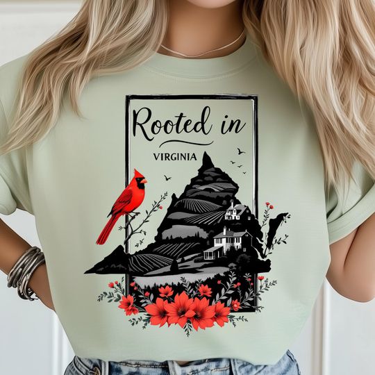 Discover Rooted In Virginia PNG, Farmhouse Country Scene, Cardinal Bird Nature Art, Floral State Poster, USA State Shirt Design