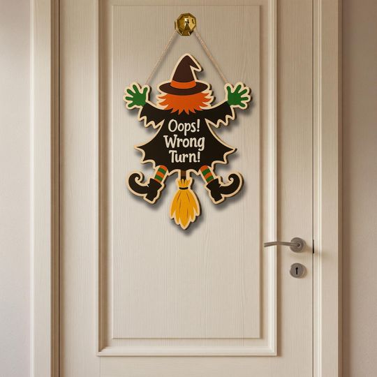 Discover Funny Halloween Witch Crash Sign: Wooden Door Hanger