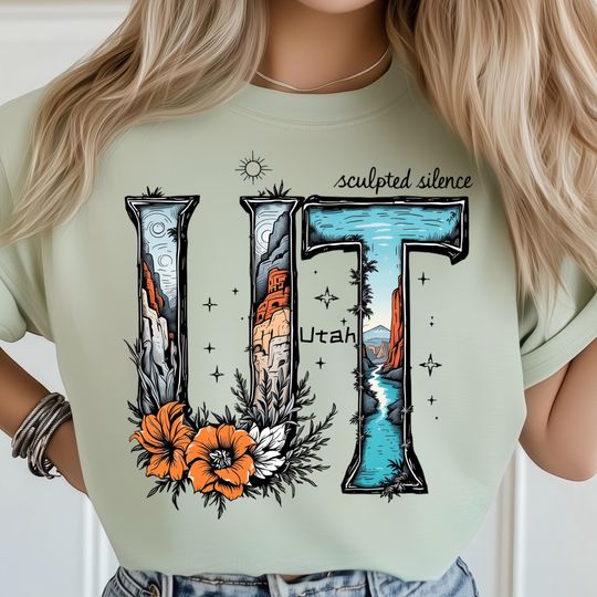 Discover Utah Nature PNG, Desert Stream Canyon View, Red Rock Sunset Landscape with Wildflowers, Sculpted Silence Artwork, State Shirt Design