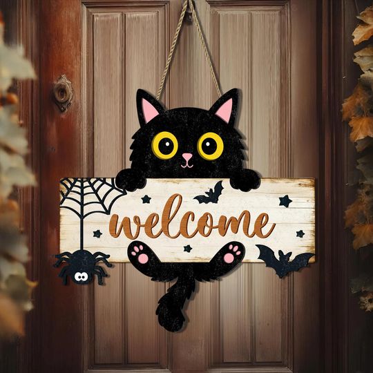 Discover Black Cat Door Hanger, Cute Halloween Welcome Sign, Black Cat Wooden Sign, Fall Decor, Spider Autumn Door decor, Funny Gift for Cat Lovers