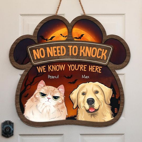 Personalized Halloween Pet Sign, No Need To Knock Door Sign, Custom Dog Cat Name Gift, Funny Paw Shaped Wooden Halloween Decor