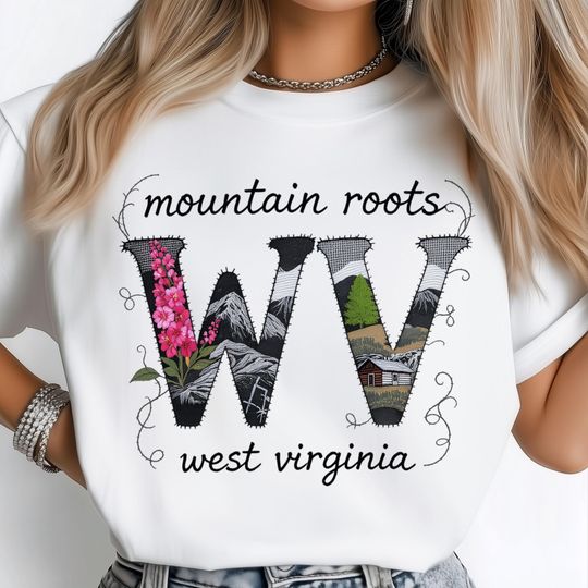 Discover West Virginia Cabin PNG, Stitched Mountain Roots Texture, Floral Embroidery Artwork, Rustic Country Heritage Design, State Shirt Design