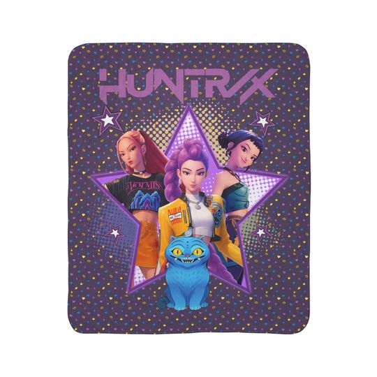 Discover Huntrix K-Pop Demon Hunters Trendy Fleece Sherpa Blanket, Purple Anime Style Reversible Throw for Couch Bed