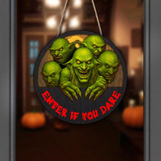Halloween Wooden Sign, Scary Green Monster Door Sign, Enter If You Dare Spooky Wall & Front Door Sign Decor, Halloween Door Hanger