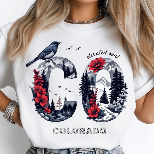 Discover Colorado Nature PNG, Rocky Mountains Scenic Art, Alpine Forest with River, Blue Jay Bird and Red Flowers, USA State Shirt Design