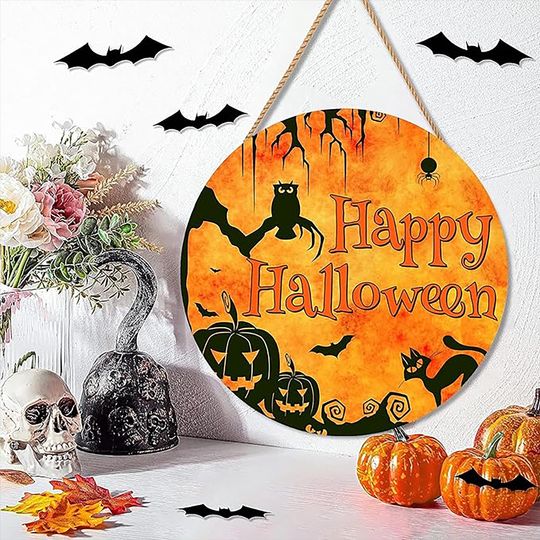 Happy Halloween Wooden Door Sign, Pumpkin Cat Bat Owl Hanging Plaque, Rustic Front Porch Wall Decor, Spooky Party Decoration