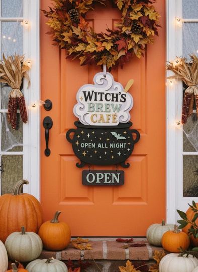 Witchs Brew Caf Halloween Door Sign  Layered Wooden Cauldron Porch Decor, Open All Night Spooky Welcome Sign