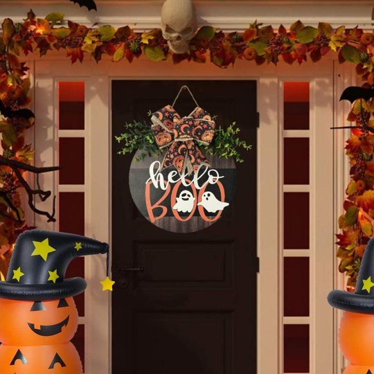 Halloween Welcome Sign for Front Door, Wooden Farmhouse Porch Decor with Ghosts and Bow, Hanging Door Sign, Fall Porch Decoration