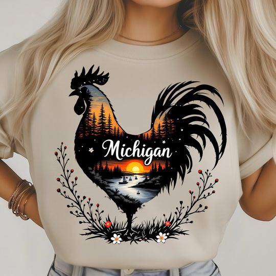 Discover Michigan Sunset PNG, Rooster Silhouette Forest Art, Lake Sailing Boats Horizon, Pine Trees Scenic Design, USA State Shirt Design
