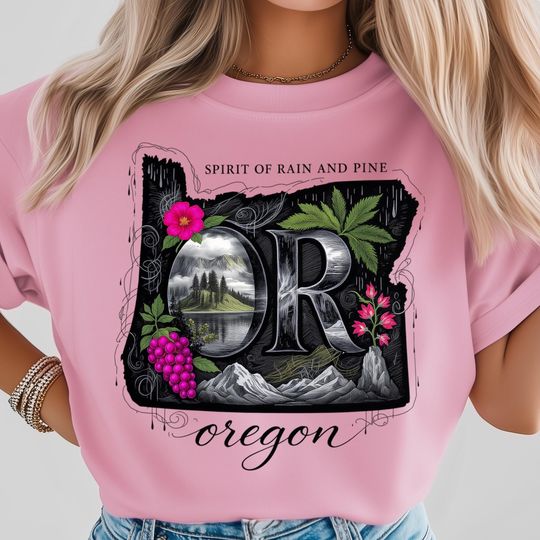 Discover Oregon Scenery PNG, Vineyard and Pine Landscape Artwork, Rainy Mountain Forest with Grapes and Flowers, Rustic Evergreen State Art Design