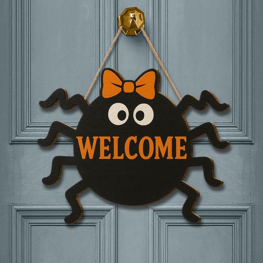 Spider Welcome Sign: Halloween Wood Door Hanger, Fall Porch Decor