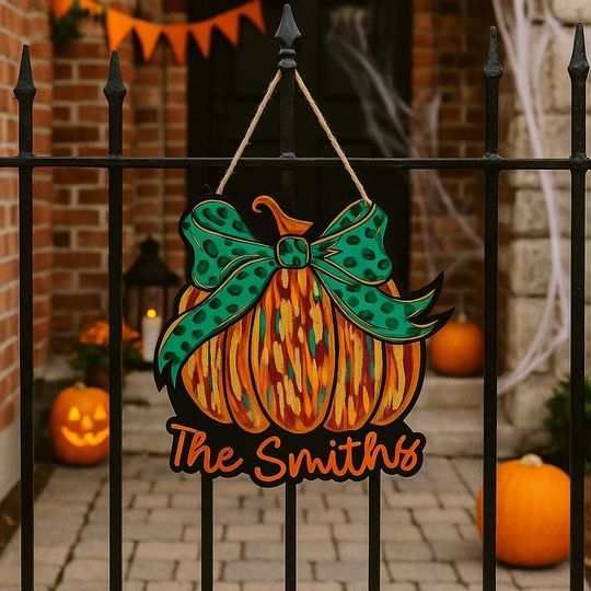 Discover Personalized Wooden Hanging Sign Customized Pumpkin Door Hanger - Custom Family Name Halloween Fall Porch Decor Rustic Handpainted Welcome