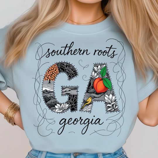 Discover Georgia PNG, Peach State Fabric Art with Southern Roots Design, Hand Stitched Patchwork Illustration, Rustic Heritage Inspired Artwork